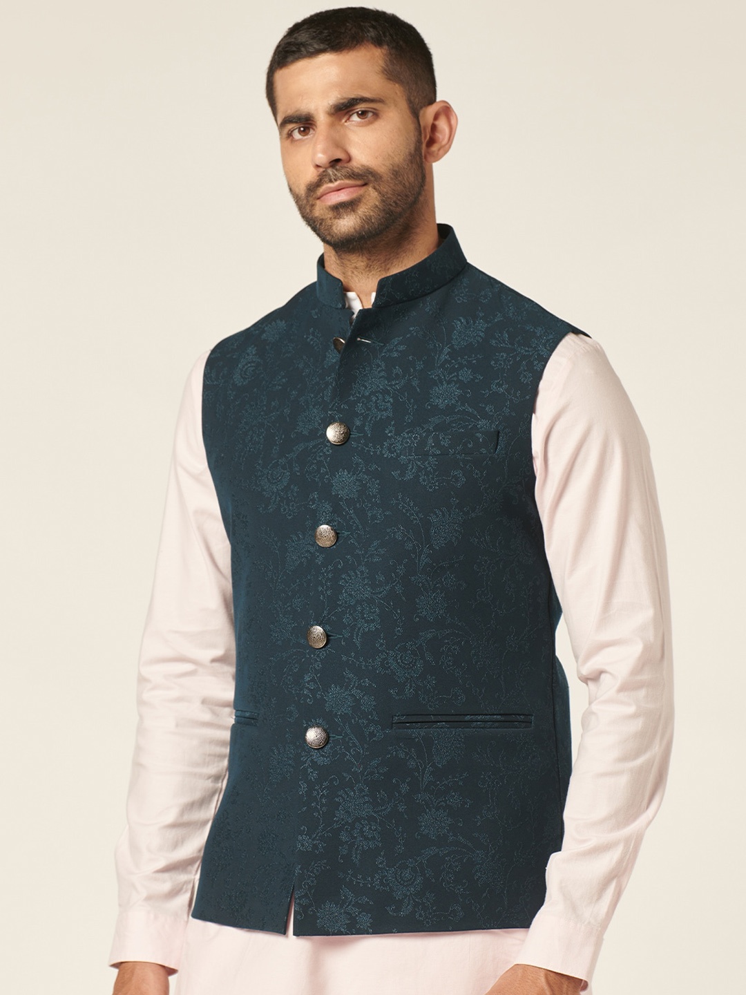 

MR BUTTON Floral Printed Jacquard Nehru Jacket, Green
