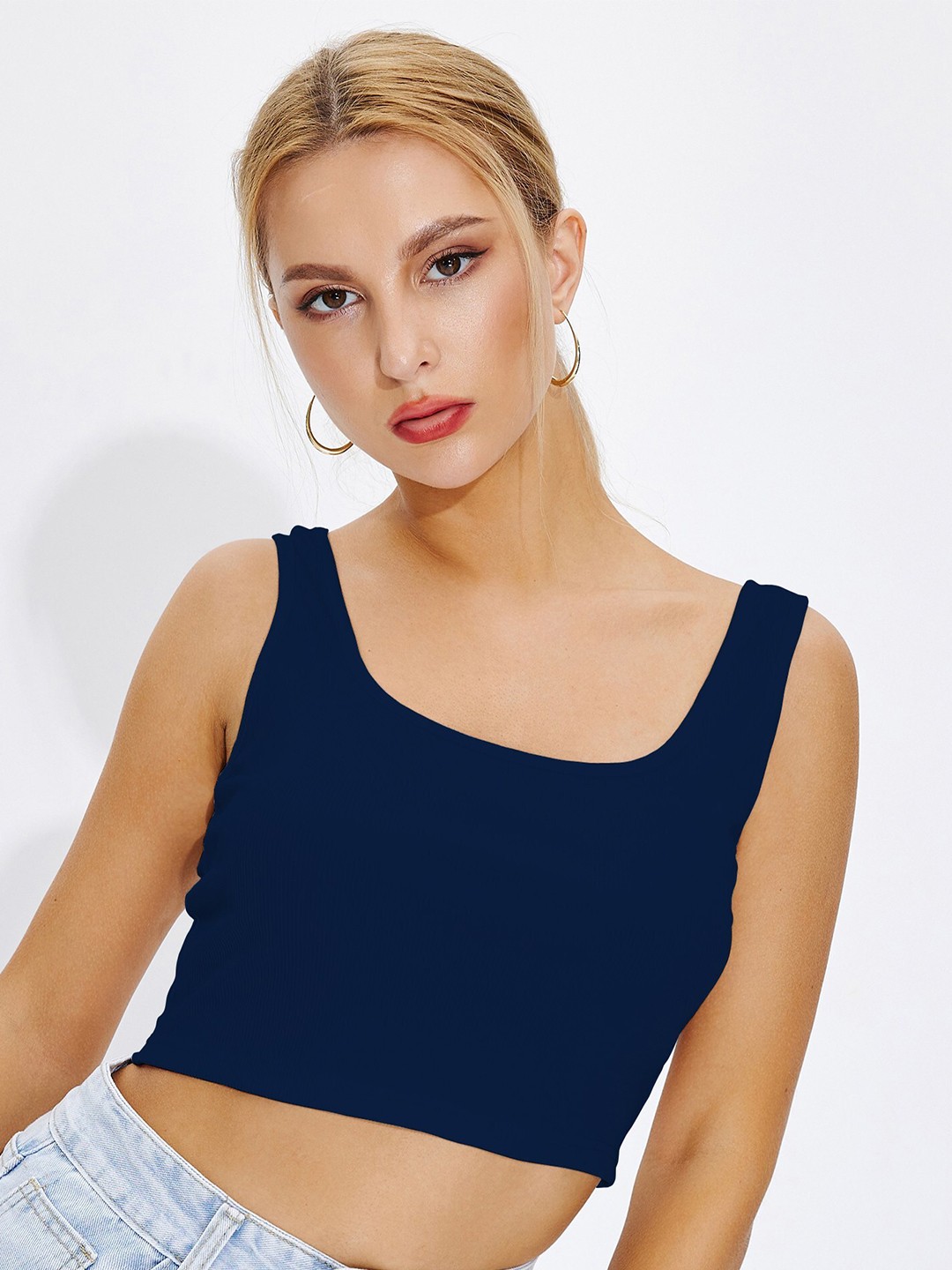 

BAESD Ribbed Scoop Neck Fitted Crop Top, Navy blue
