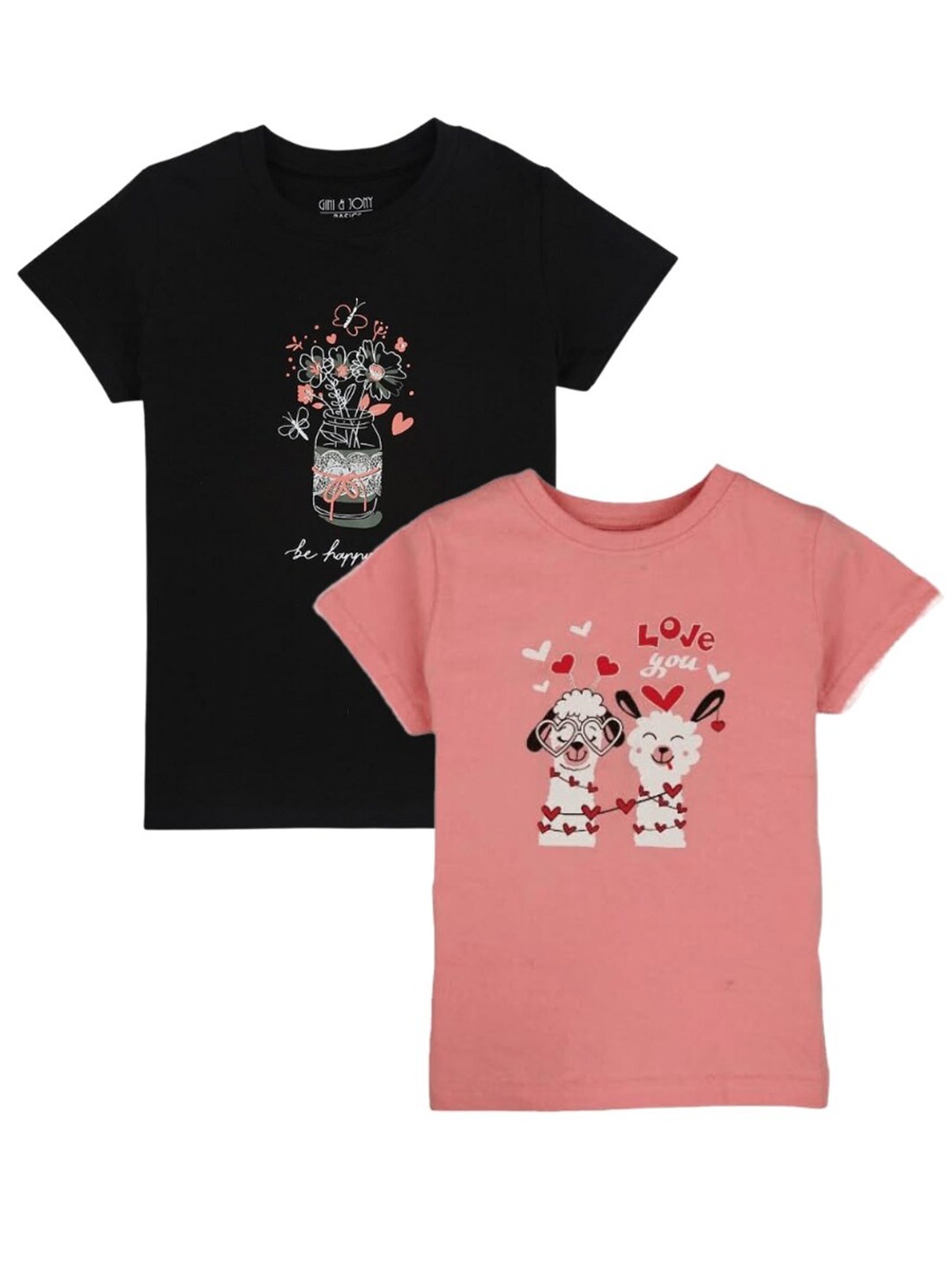 

Gini and Jony Girls Pack Of 2 Graphic Printed Cotton T-shirts, Peach