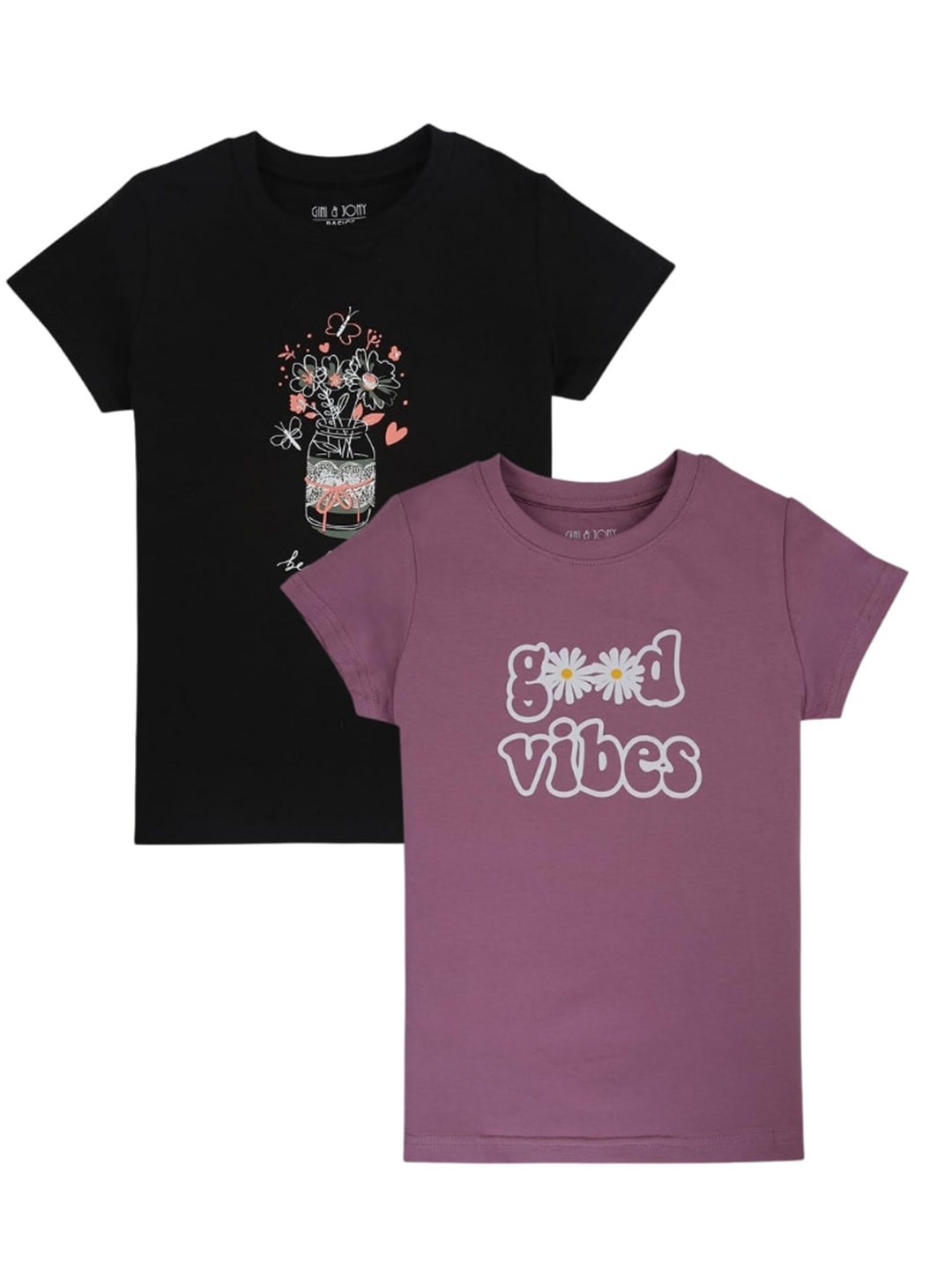 

Gini and Jony Girls Pack Of 2 Typography Printed Cotton T-Shirts, Black