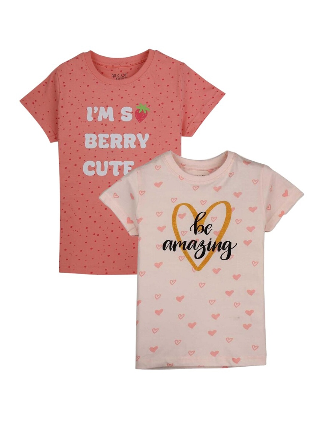 

Gini and Jony Girls Pack Of 2 Typography Printed Cotton T-shirt, Peach