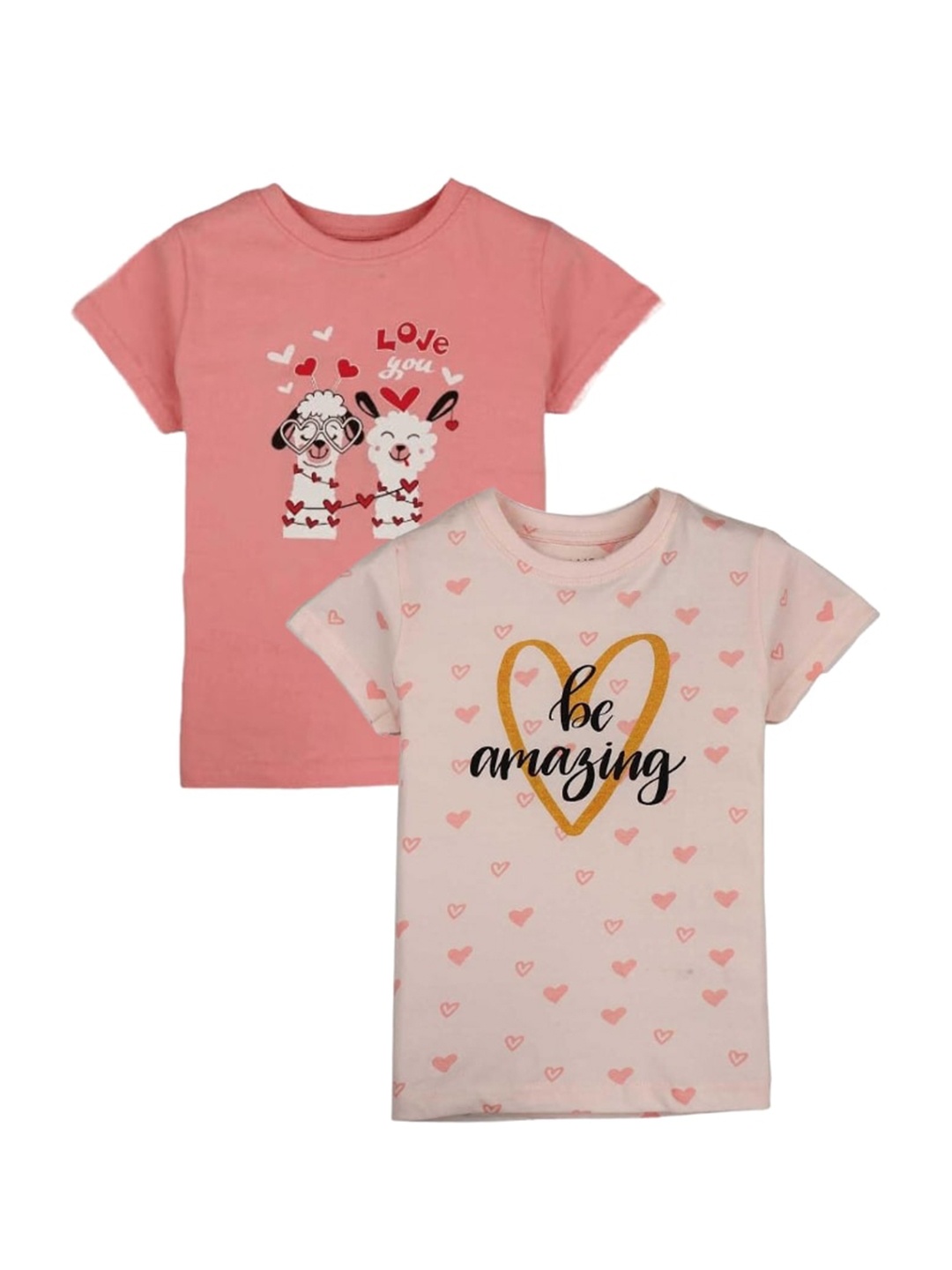 

Gini and Jony Pack Of 2 Round Neck Printed Cotton T-shirts, Peach