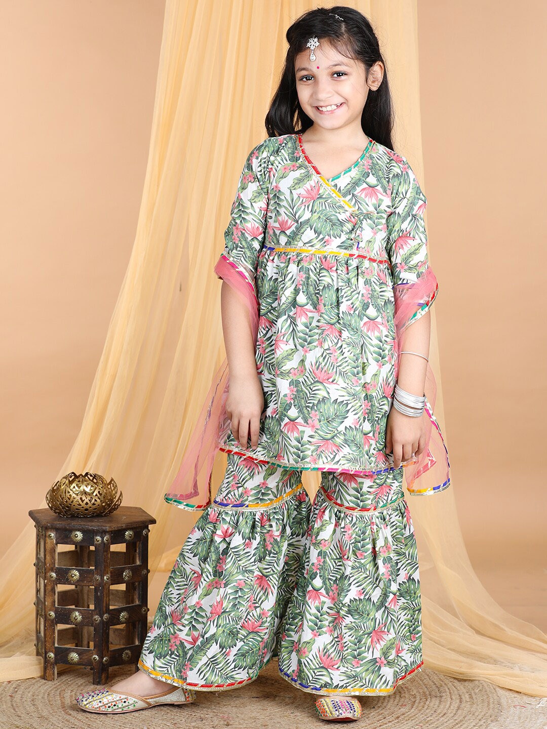 

Cutiekins Girls Floral Printed Angrakha A-Line Kurta & Sharara With Dupatta, Green