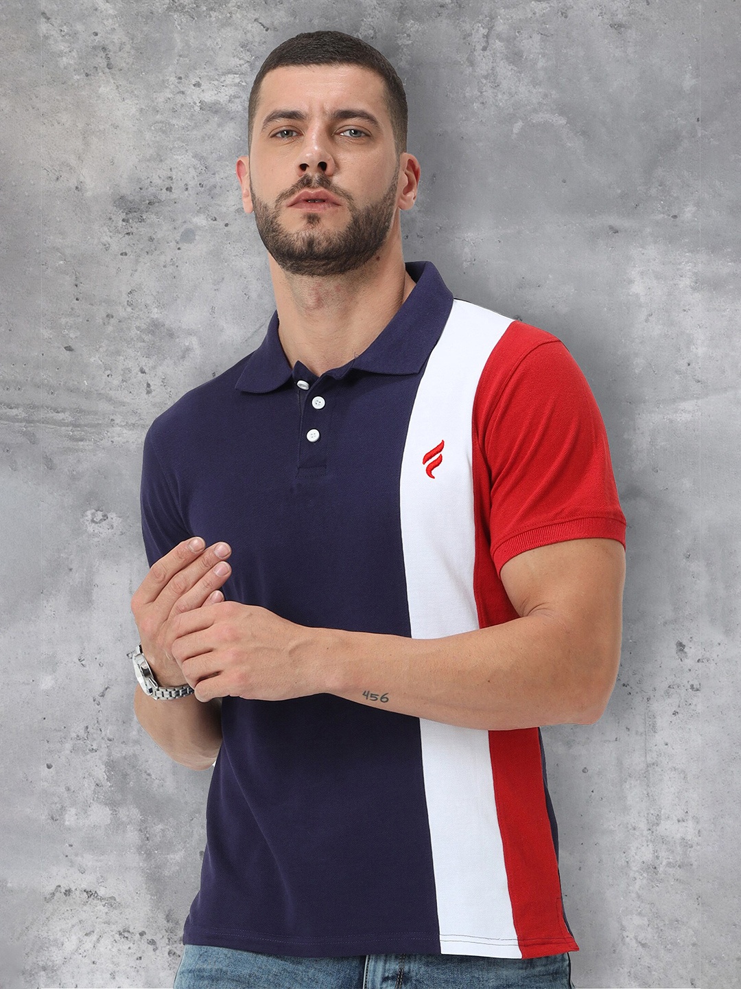 

fanideaz Colourblocked Polo Collar Cotton T-shirt, Navy blue