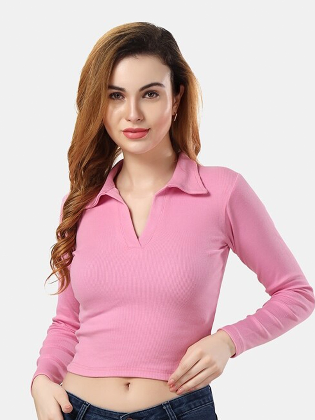 

Fabme Shirt Collar Cotton Top, Pink