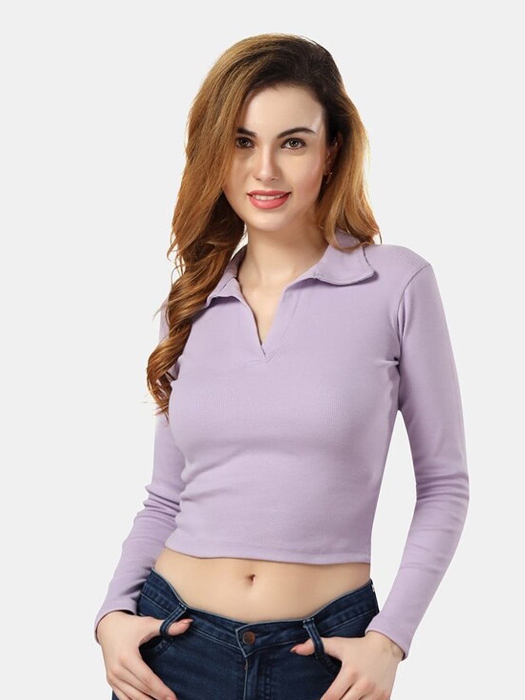 

Fabme Shirt Collar Cotton Crop Regular Top, Lavender