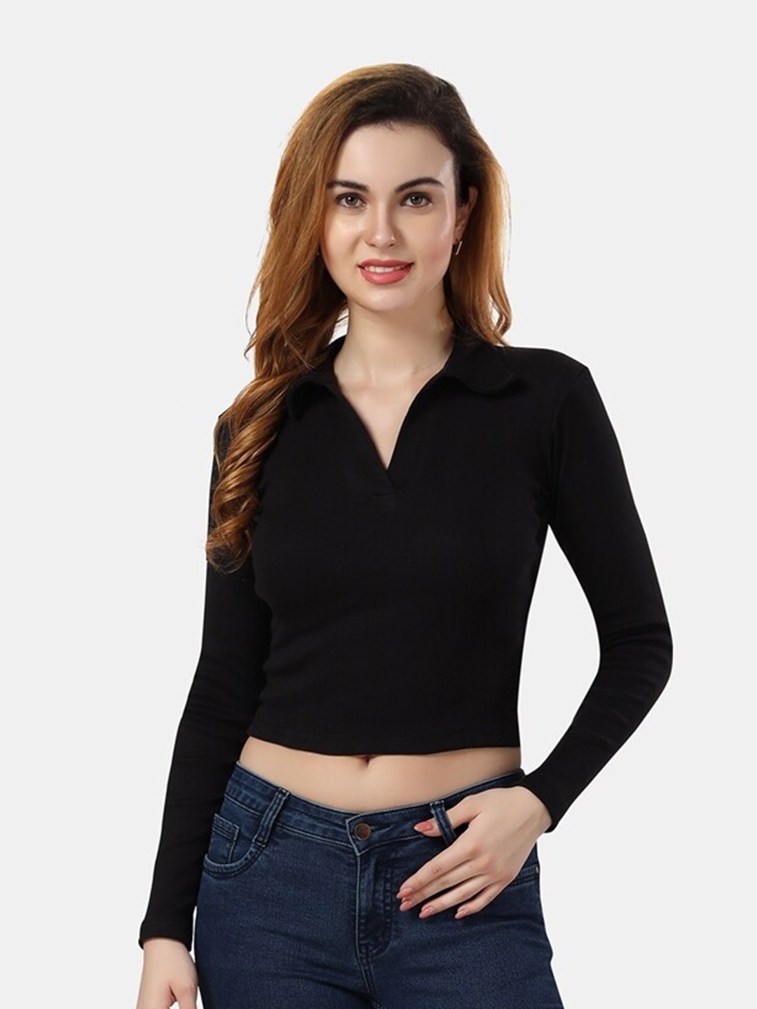 

Fabme Shirt Collar Cotton Crop Regular Top, Black