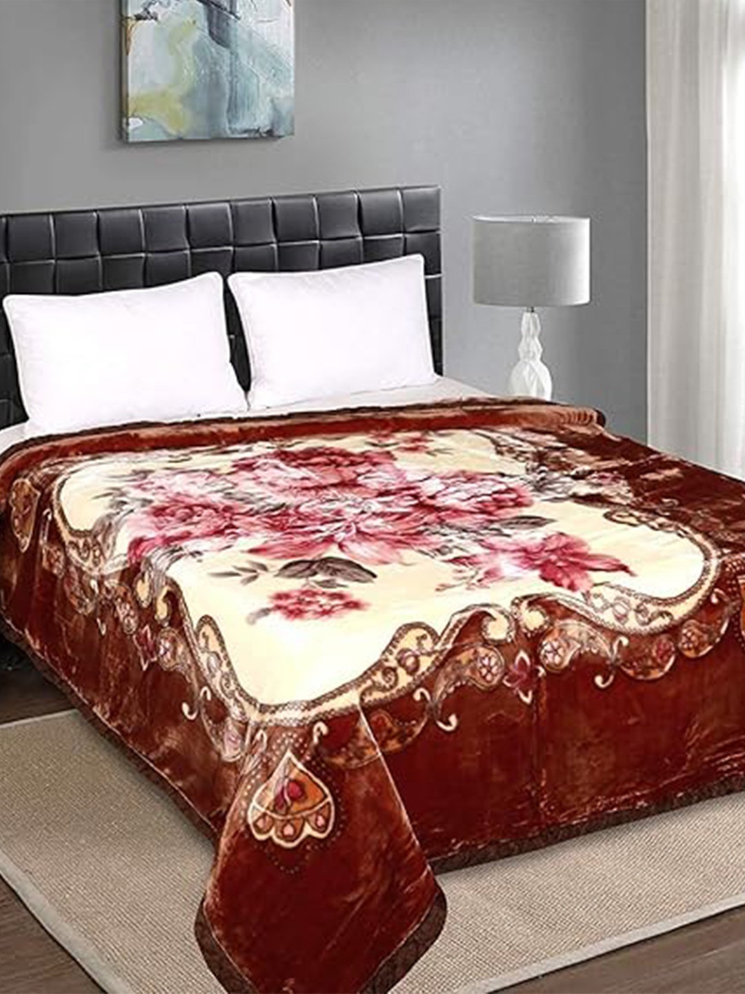 

Signature Brown & White Floral Heavy Winter 210 GSM Double Bed Blanket