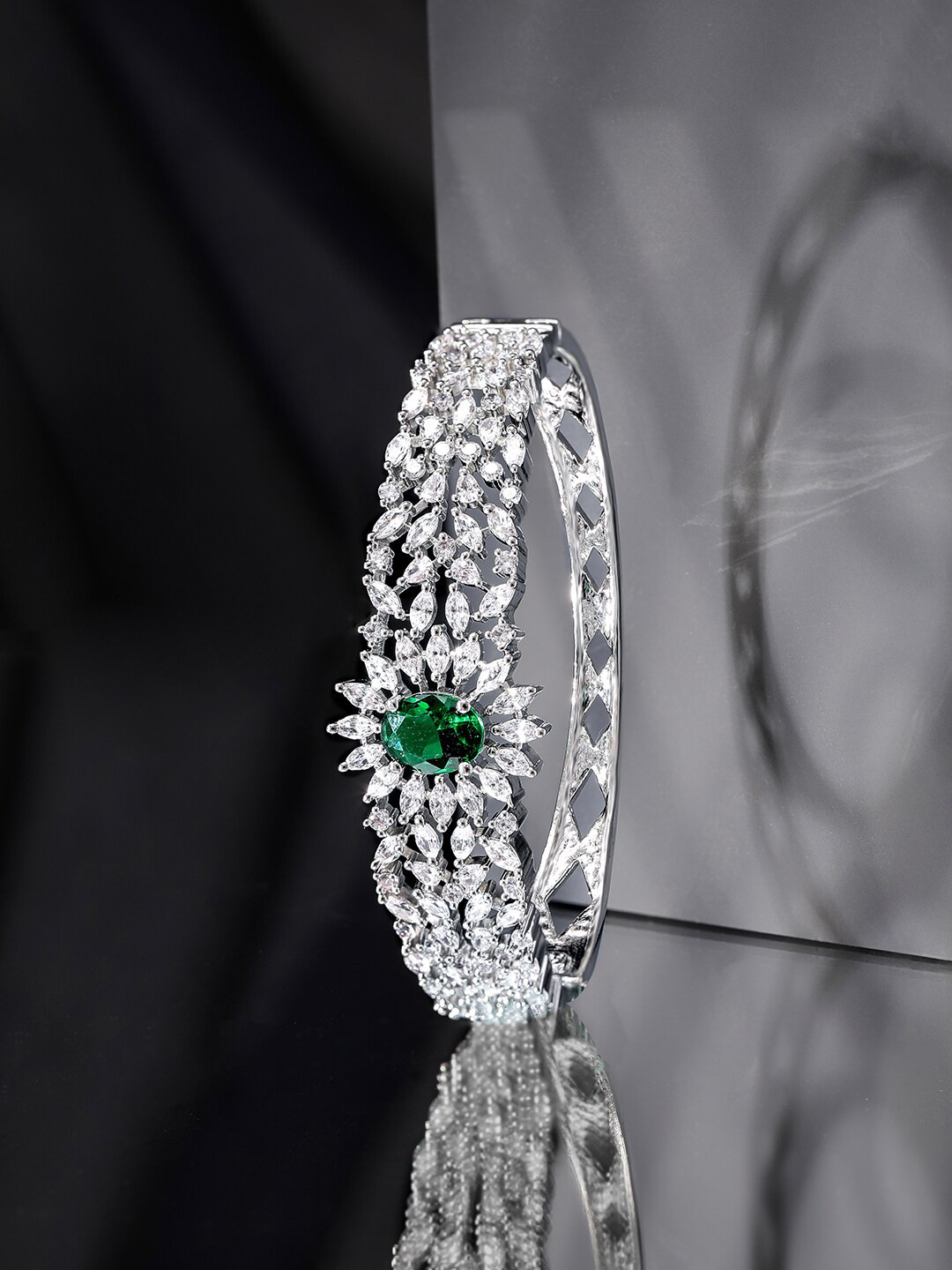 

Rubans Rhodium Plated Cubic Zirconia and Emerald Studded Premium Bracelet, Silver