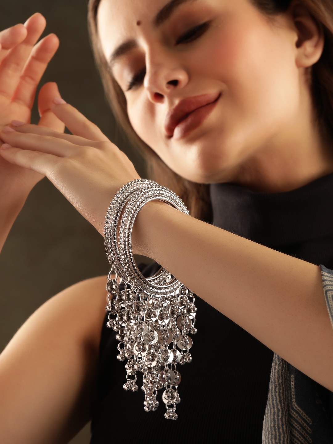 

Rubans Set Of 2 Oxidised Silver-Plated Ghungroo Beaded Bangles