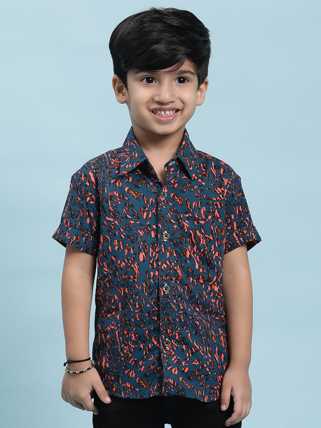 

Stuffie Land Boys Smart Abstract Printed Cotton Shirt, Teal