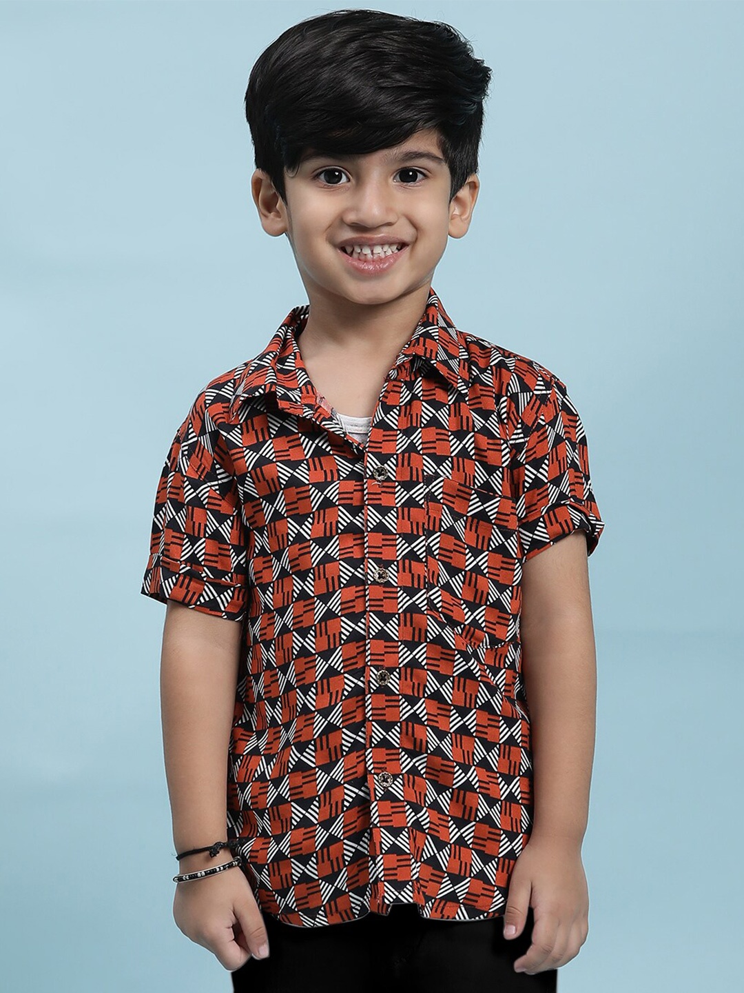 

Stuffie Land Boys Smart Geometric Printed Cotton Shirt, Orange