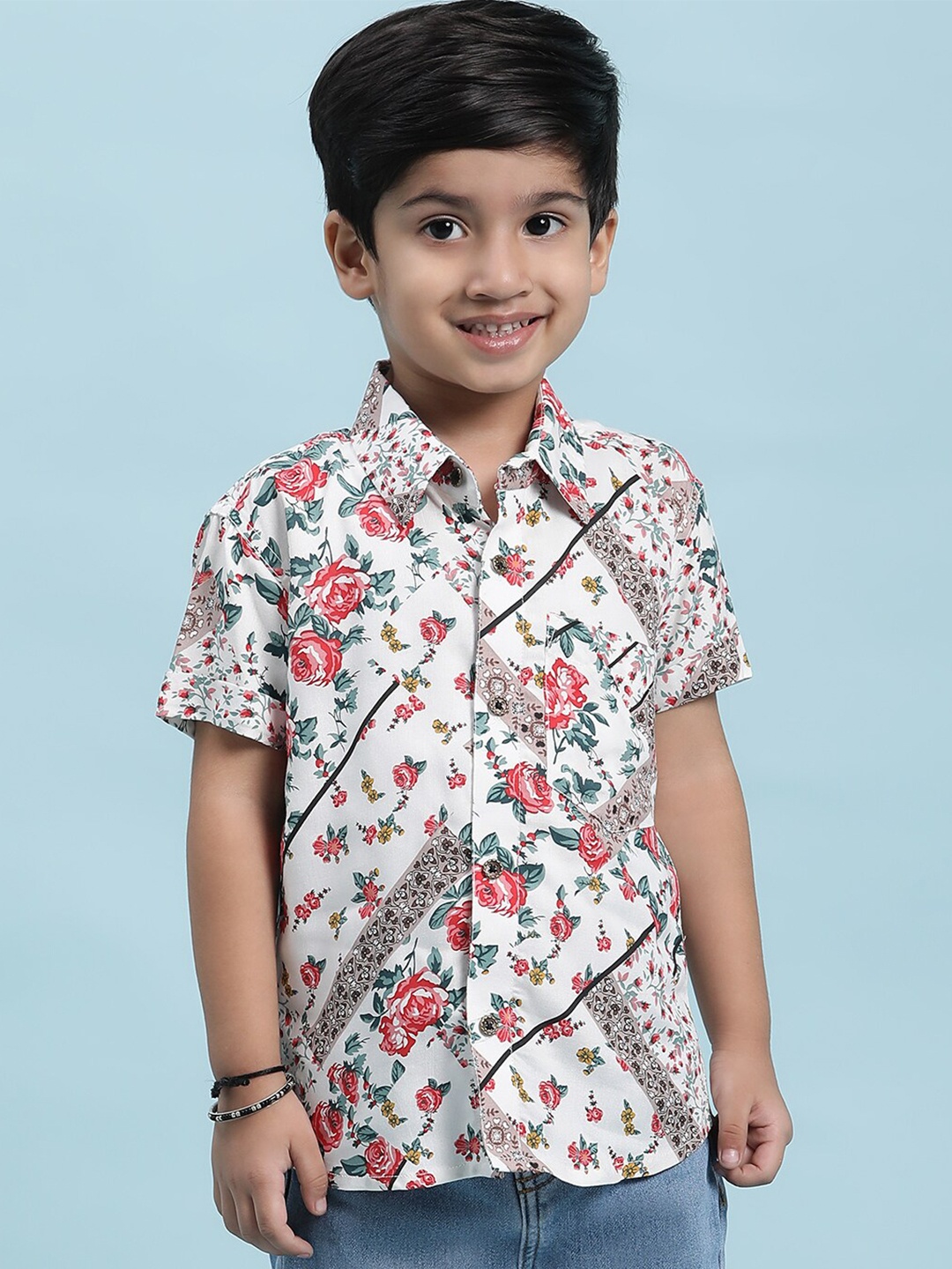 

Stuffie Land Boys Smart Floral Printed Spread Collar Cotton Casual Shirt, White