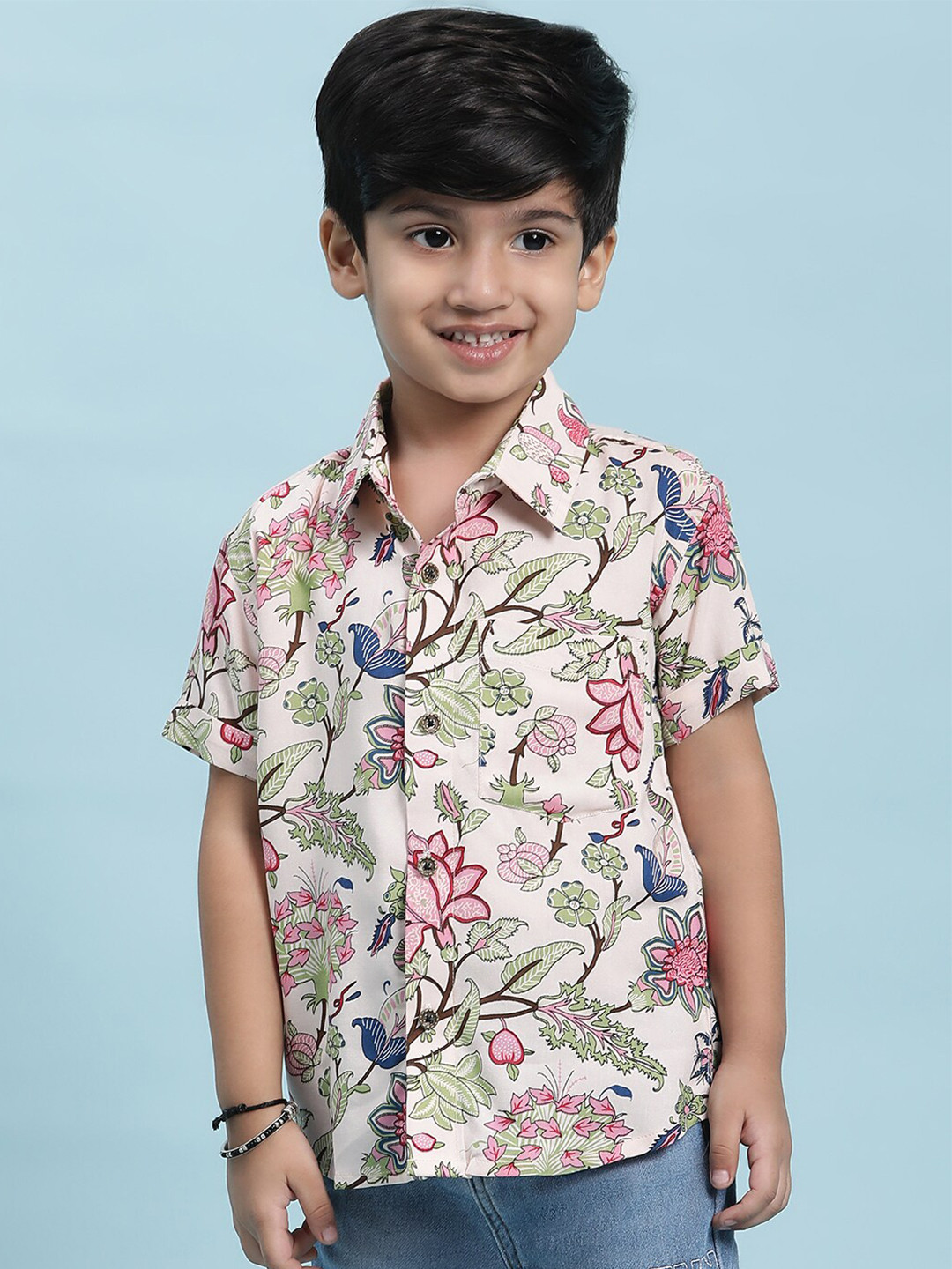

Stuffie Land Boys Smart Floral Printed Spread Collar Cotton Casual Shirt, White