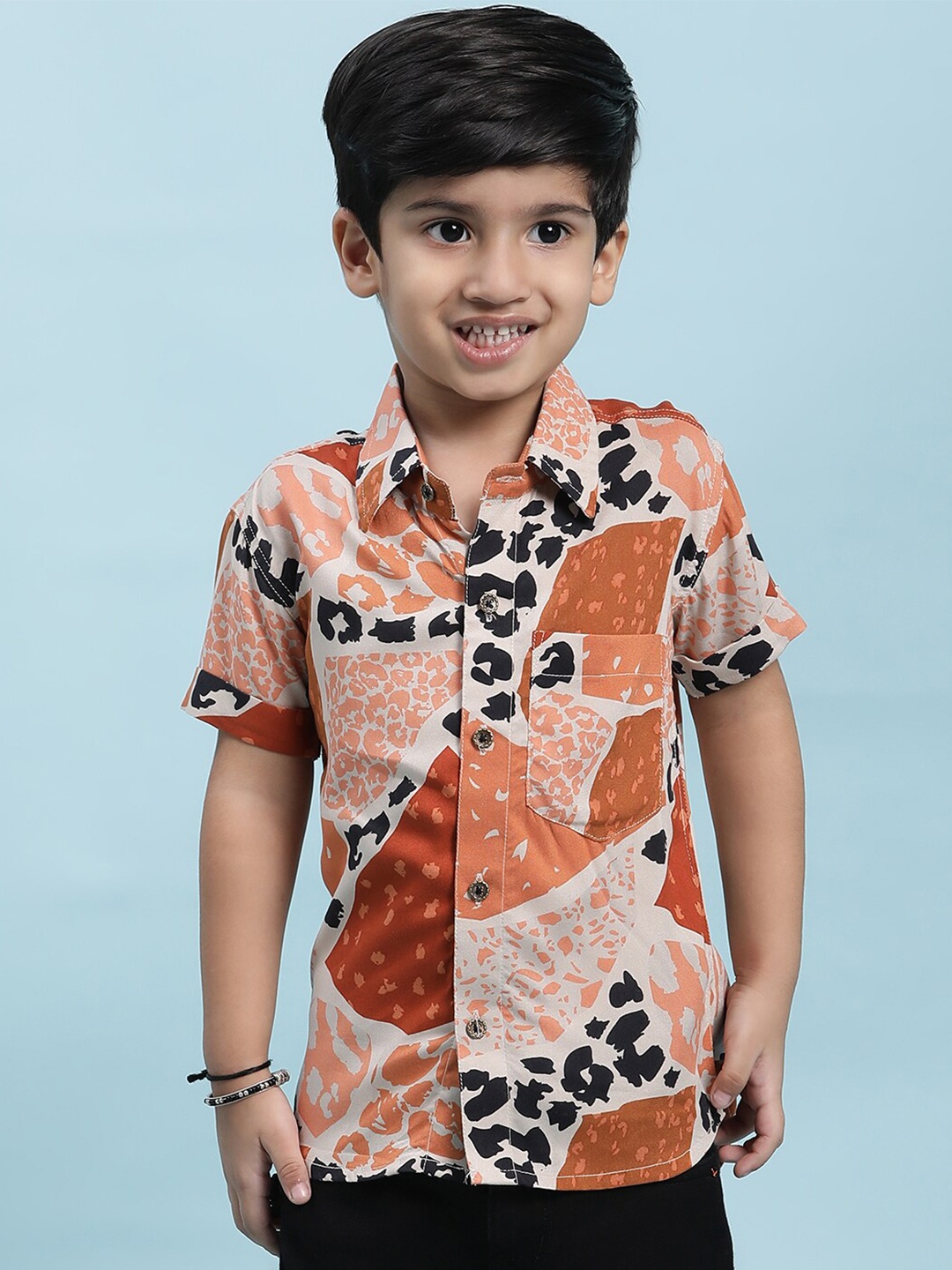 

Stuffie Land Boys Smart Abstract Printed Spread Collar Cotton Casual Shirt, White