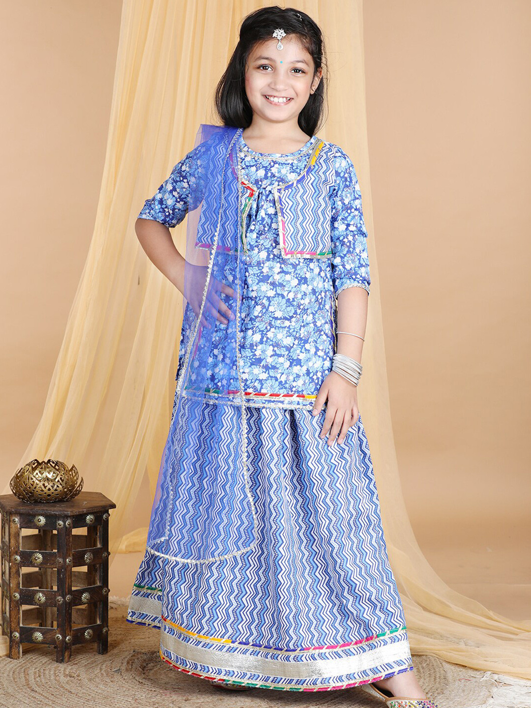 

Cutiekins Girls Floral Printed Cotton Ready to Wear Lehenga & Blouse With Dupatta, Blue