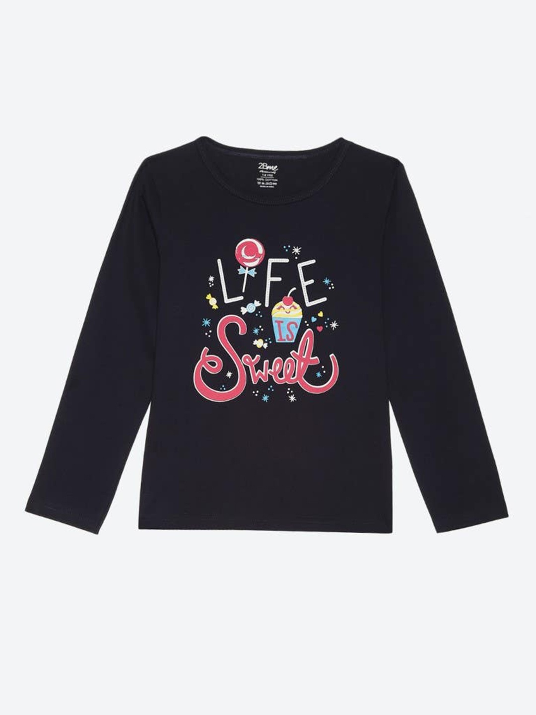 

2Bme Girls Typography Printed Round Neck Cotton Regular T-shirt, Navy blue