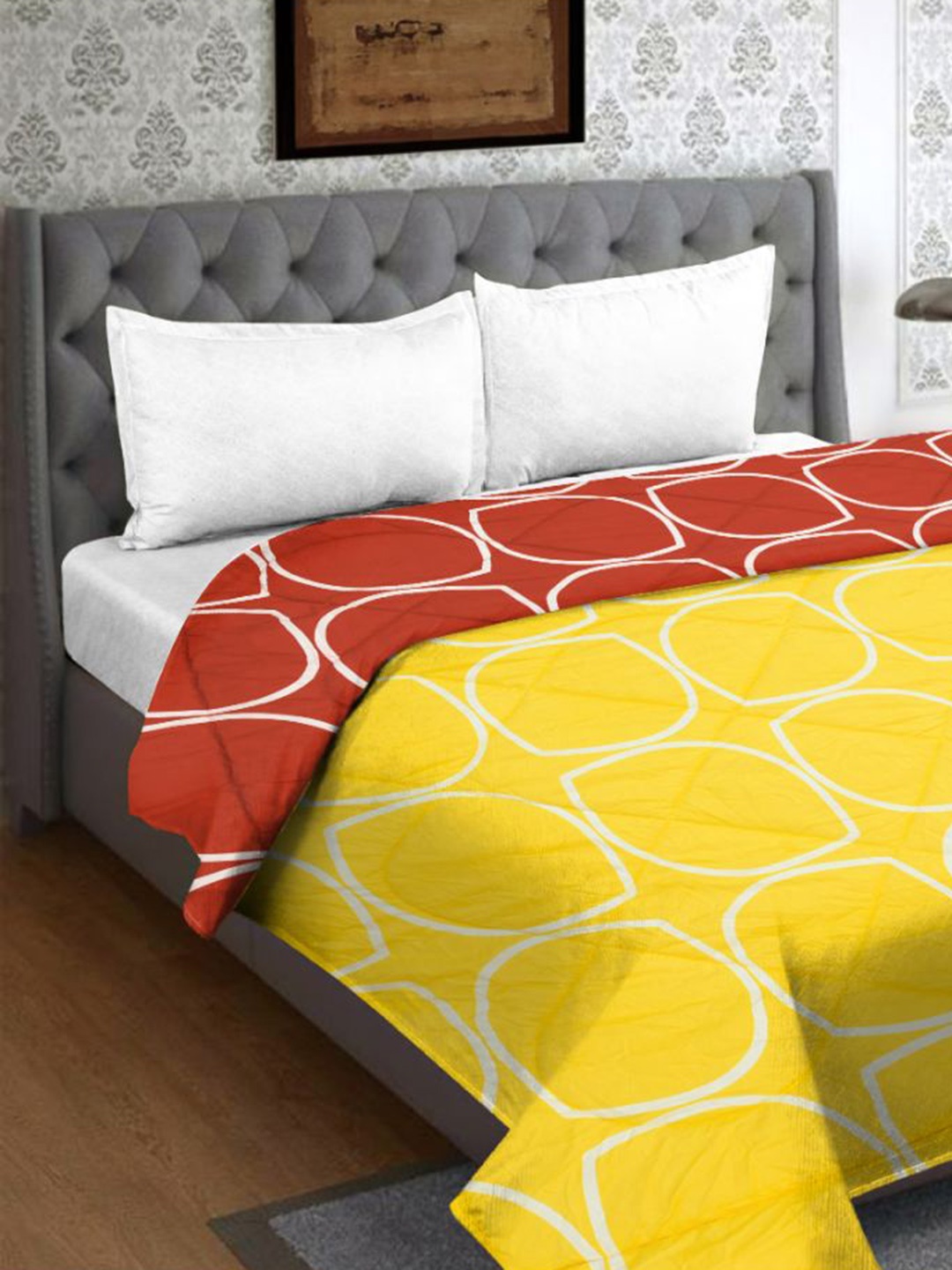 

RRC Yellow & Red Geometric Microfiber 200 GSM Mild Winter Reversible Double Bed Comforter