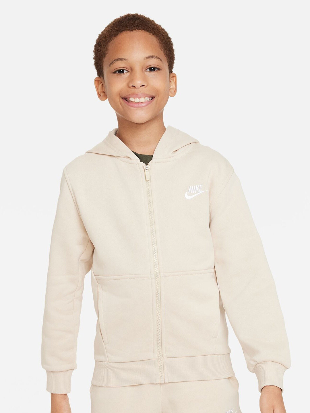 

Nike Older Kids Club Fleece Full-Zip French Terry Hooded Front-Open Sweatshirts, Off white