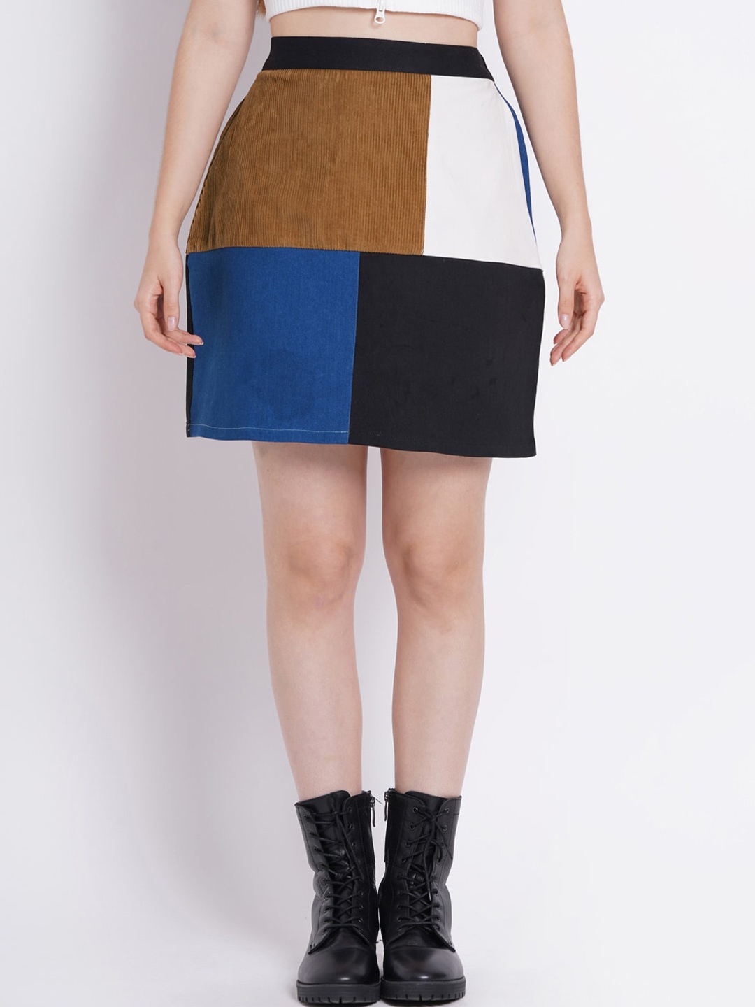 

SUMAVI-FASHION Colourblocked Above Knee Organic Cotton Skirt, Brown
