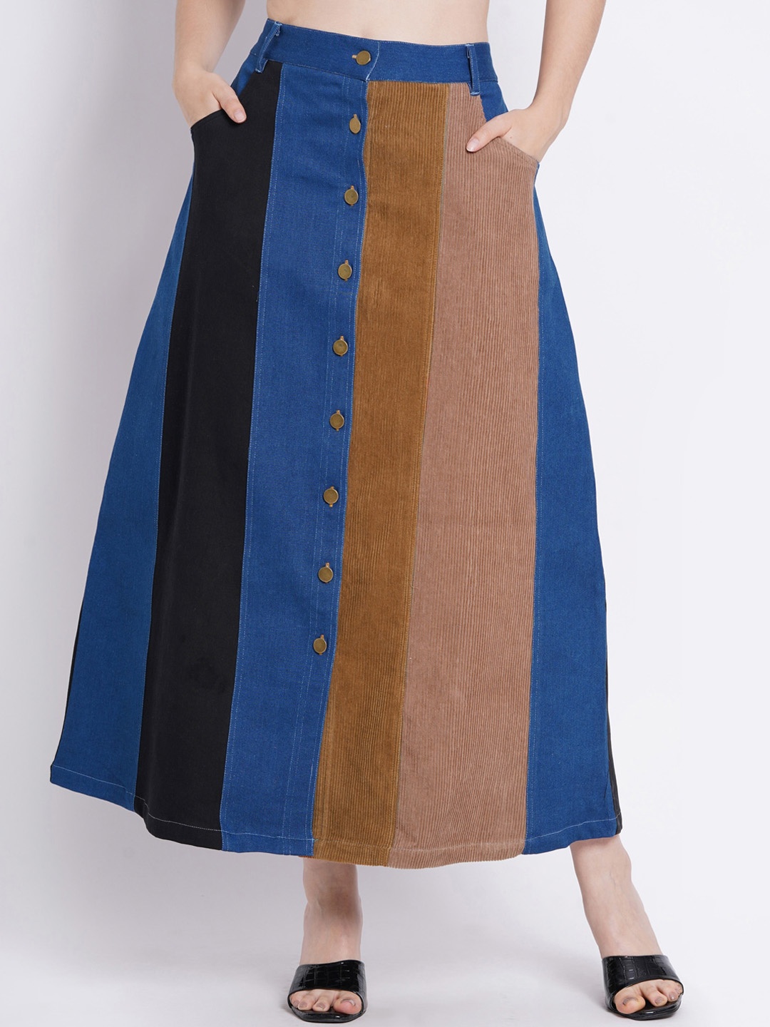 

SUMAVI-FASHION Colourblocked Organic Cotton Corduroy Flared Maxi Skirt, Blue