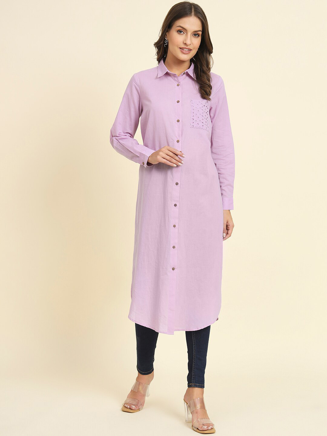 

HERE&NOW Shirt Collar Cuffed Sleeves Cotton Straight Kurta, Purple