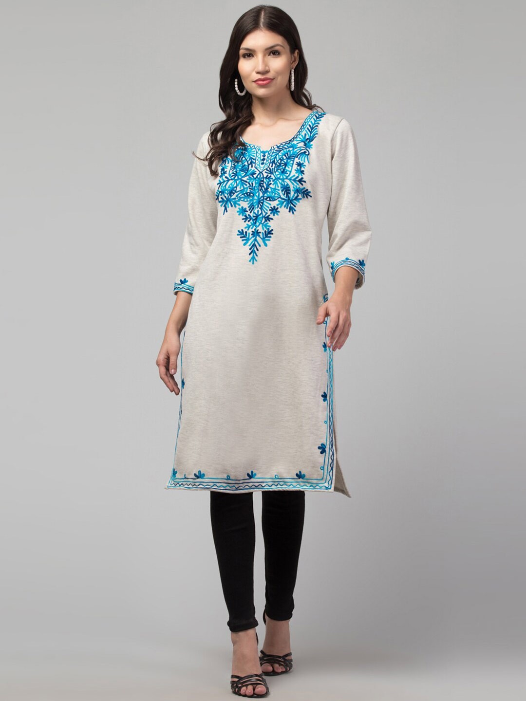 

Trend Level Ethnic Motifs Yoke Design Thread Work Woolen Kurta, Off white