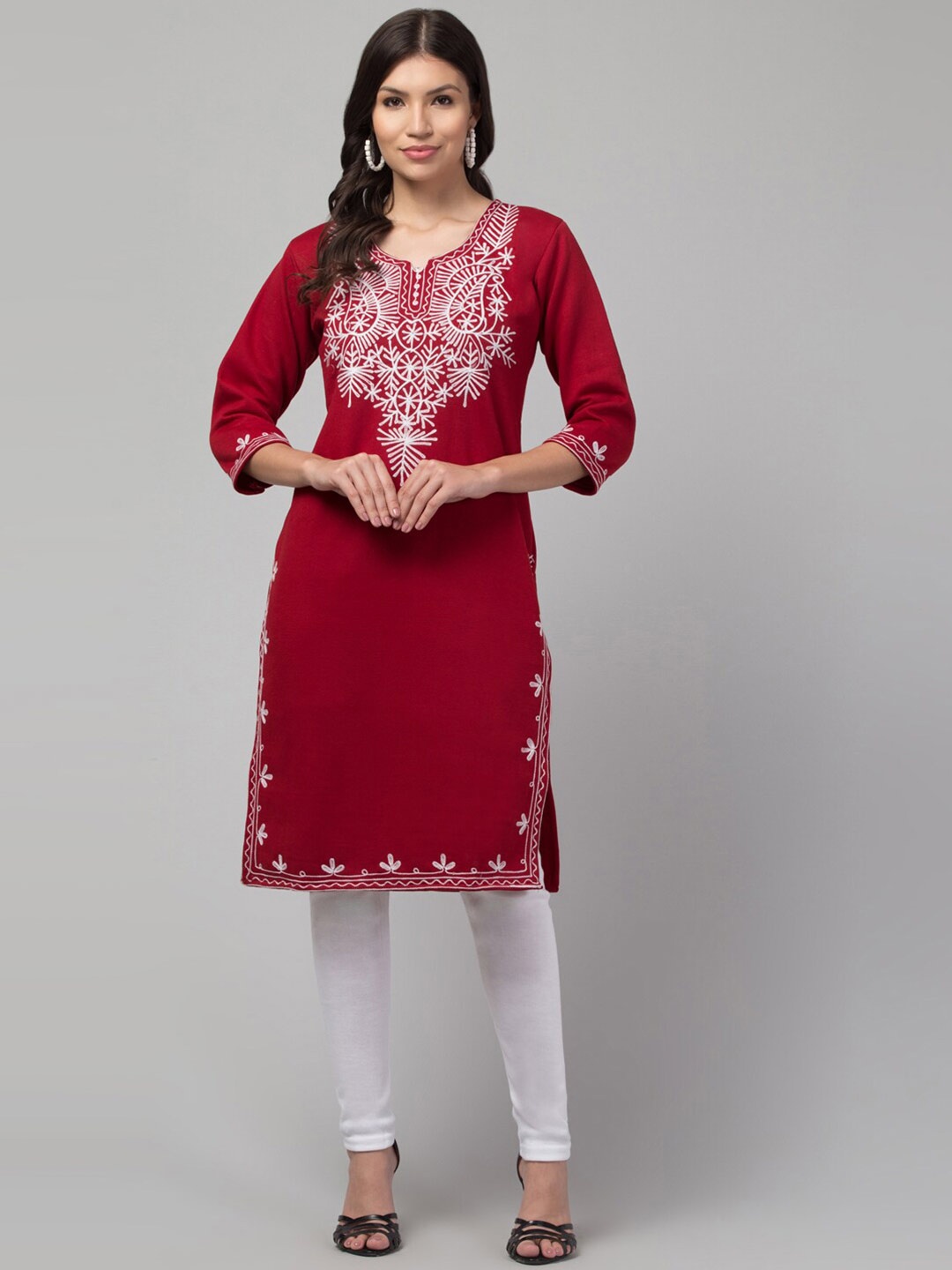 

Trend Level Ethnic Motifs Embroidered Woolen Kurta, Maroon