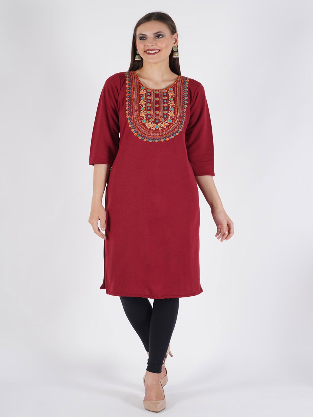 

Trend Level Ethnic Motifs Yoke Design Woollen Straight Kurta, Maroon