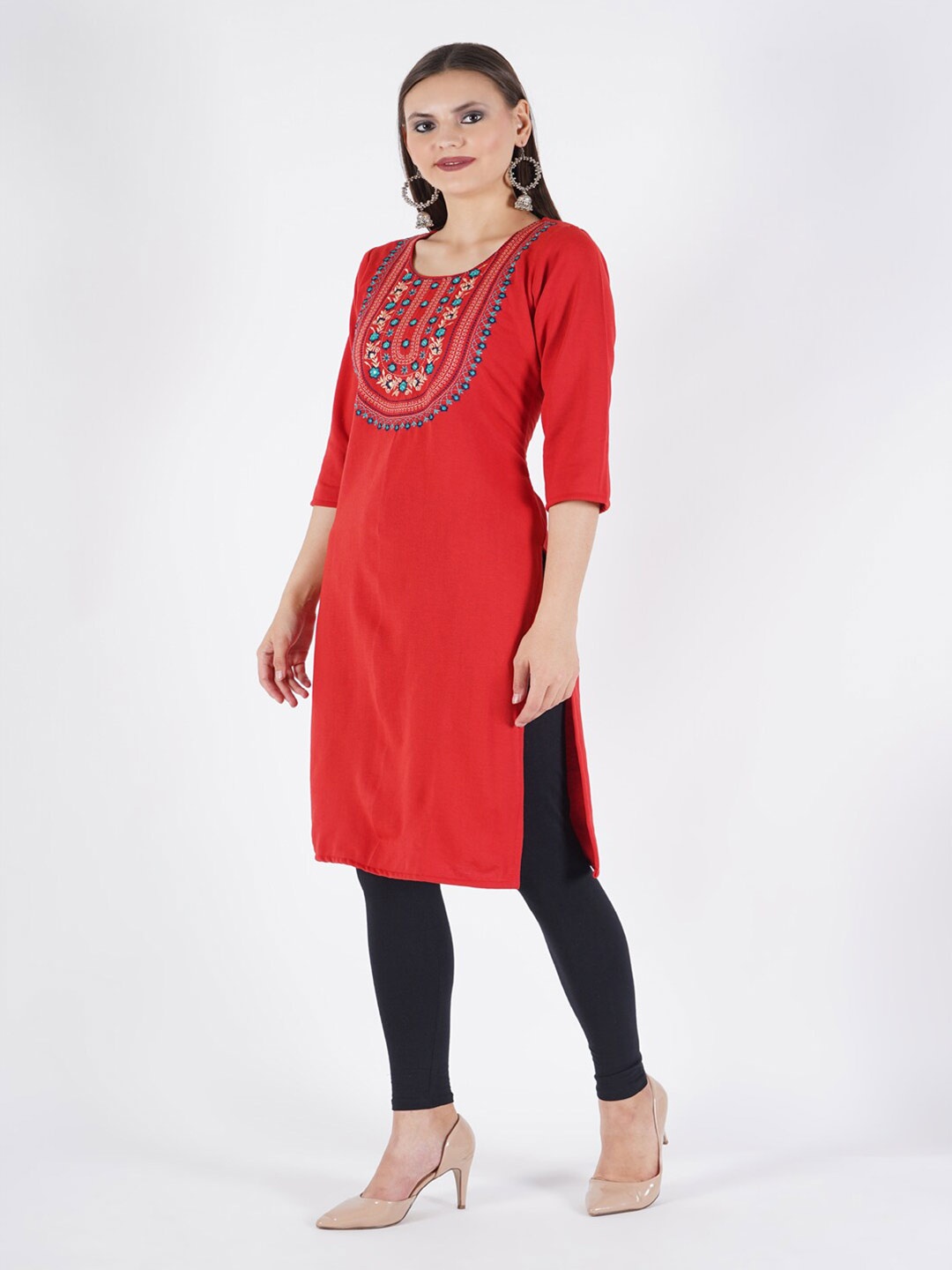 

Trend Level Ethnic Motifs Yoke Design Thread Work Woolen Kurta, Red