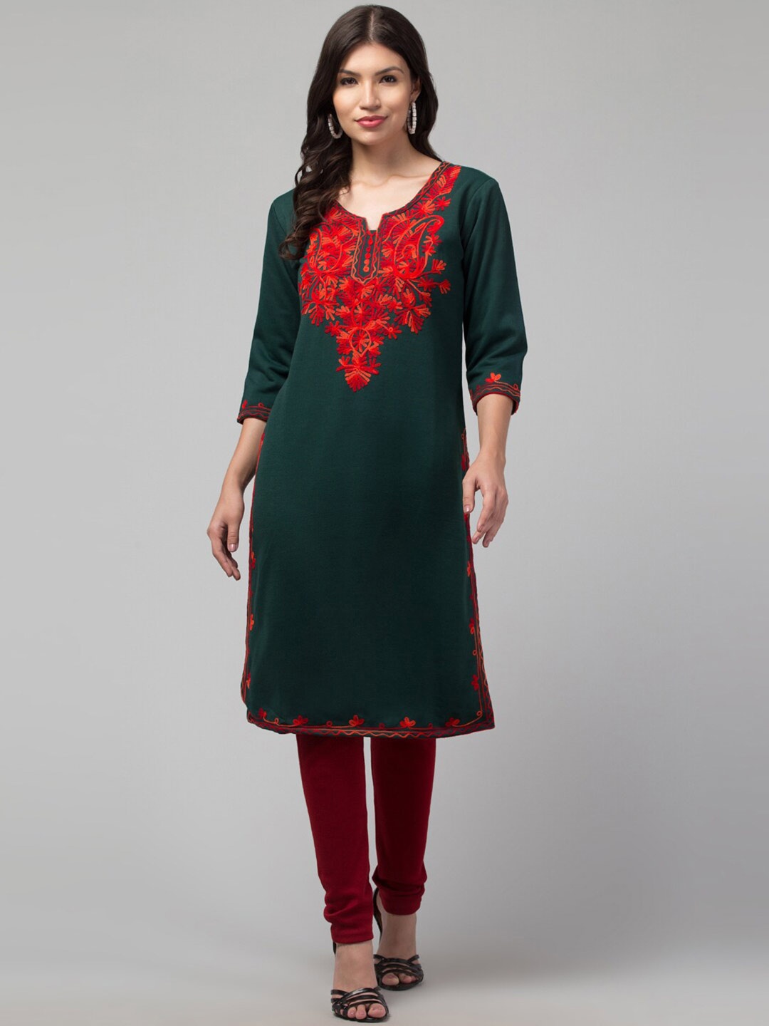 

Trend Level Floral Yoke Design Woollen Straight Kurta, Green
