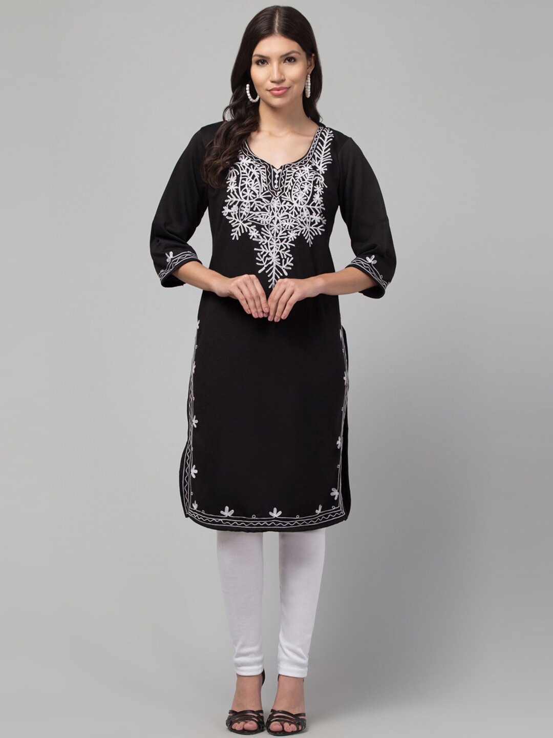 

Trend Level Ethnic Motifs Yoke Design Thread Work Woollen Straight Kurta, Black