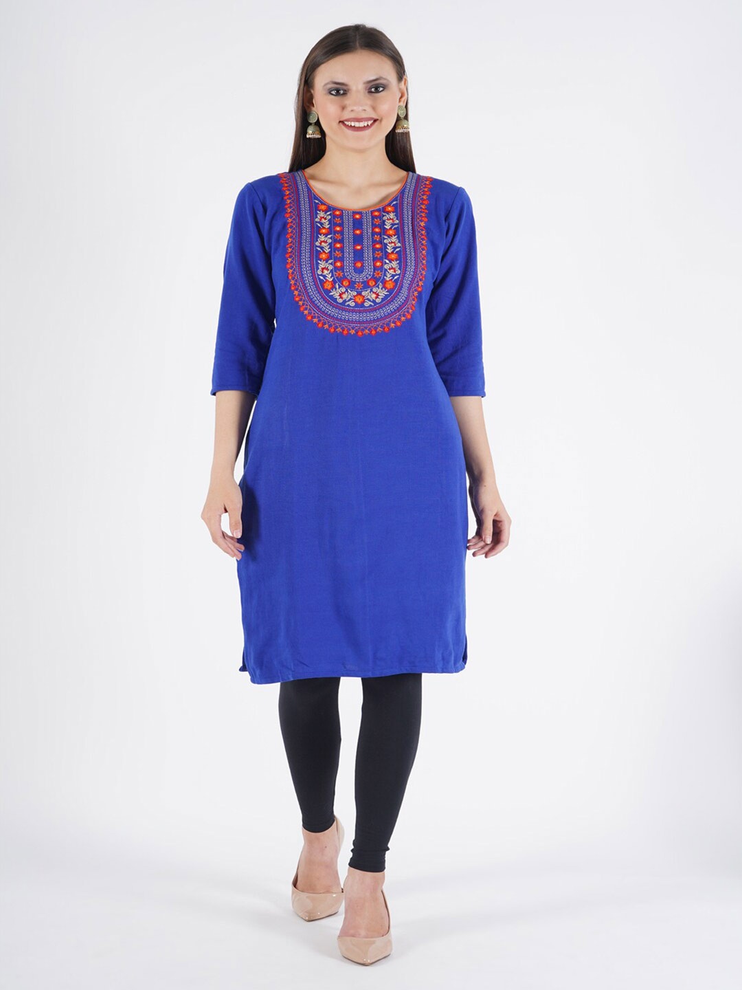 

Trend Level Ethnic Motifs Yoke Design Thread Work Woolen Kurta, Blue