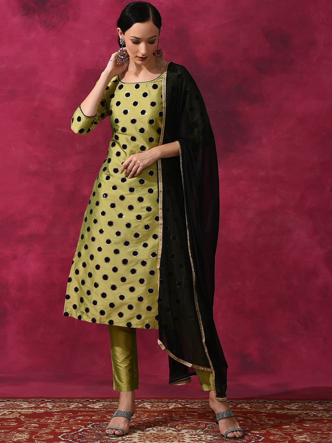 

Anouk Green Geometric Printed Zari Regular Kurta with Trousers & Dupatta