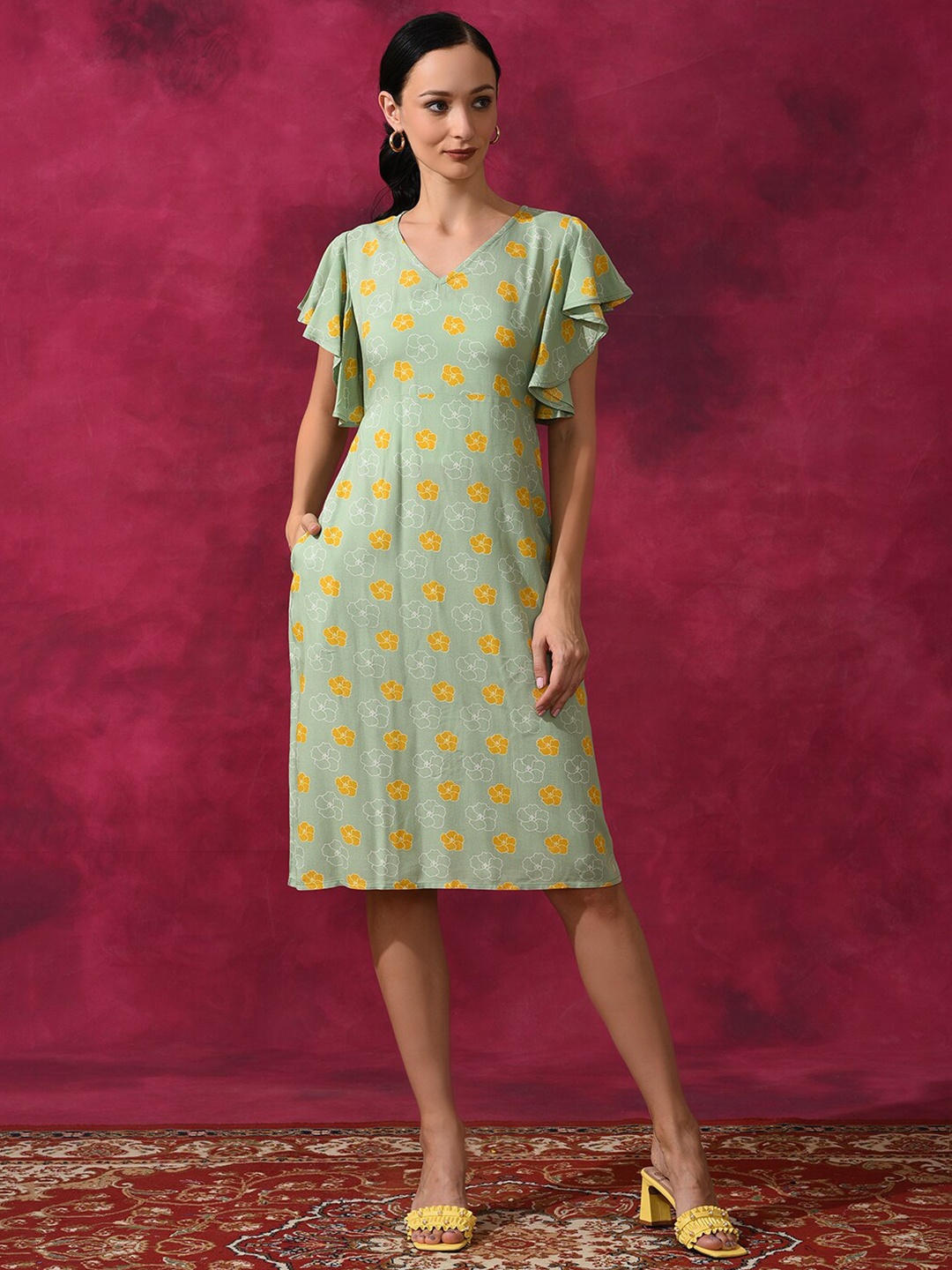 

AKS Floral Printed V-Neck Flutter Sleeves Cotton A-Line Dress, Green