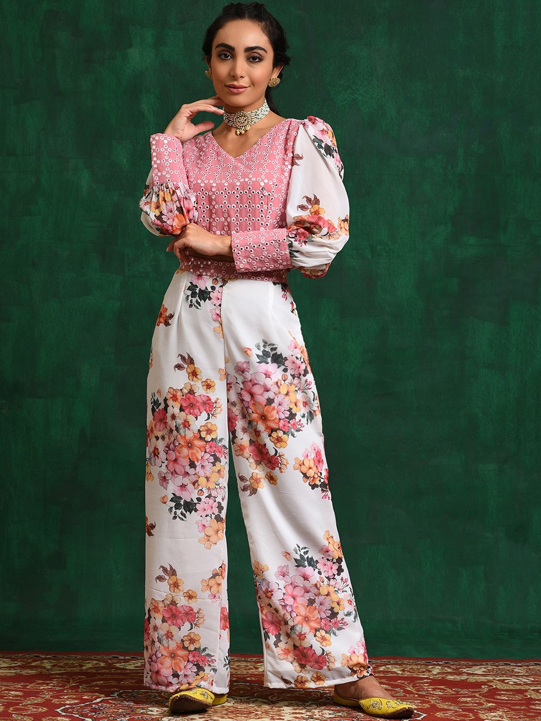 

AKS Embroidered V-Neck Top With Palazzo, Pink