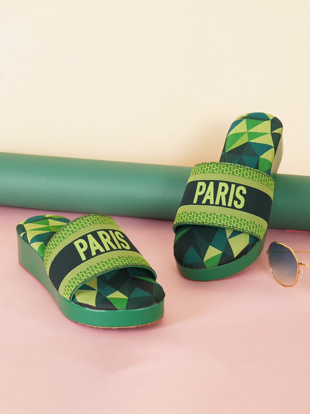 

HASTEN Printed Open Toe Flatform Heels, Green