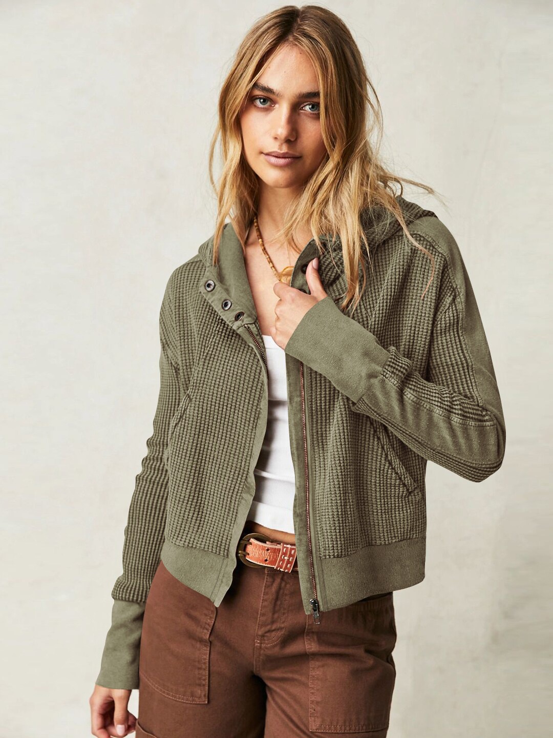 

StyleCast Green Self Design Hood Front-Open Sweatshirt