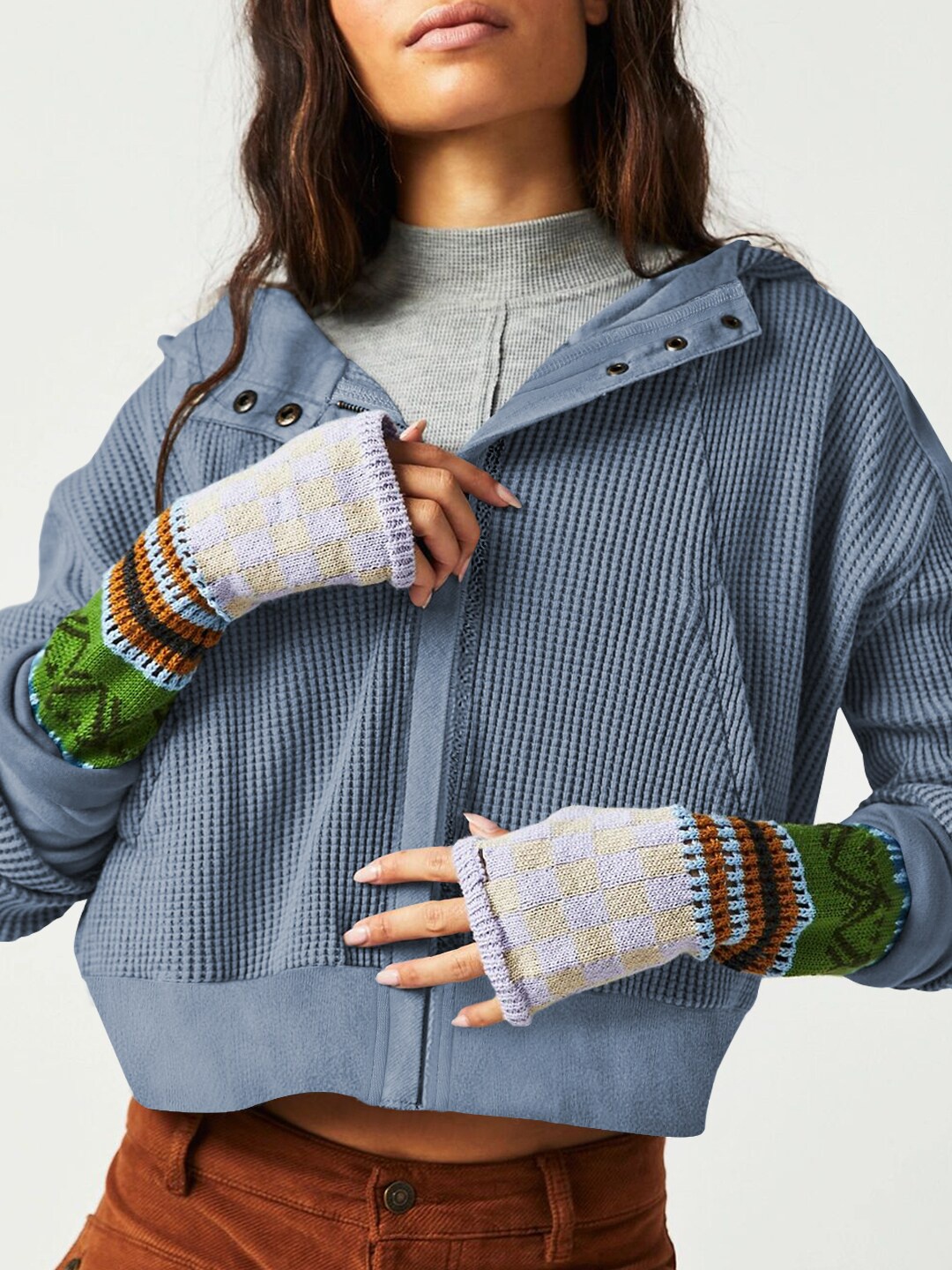 

StyleCast Blue Self Design Crop Front Open Sweatshirt