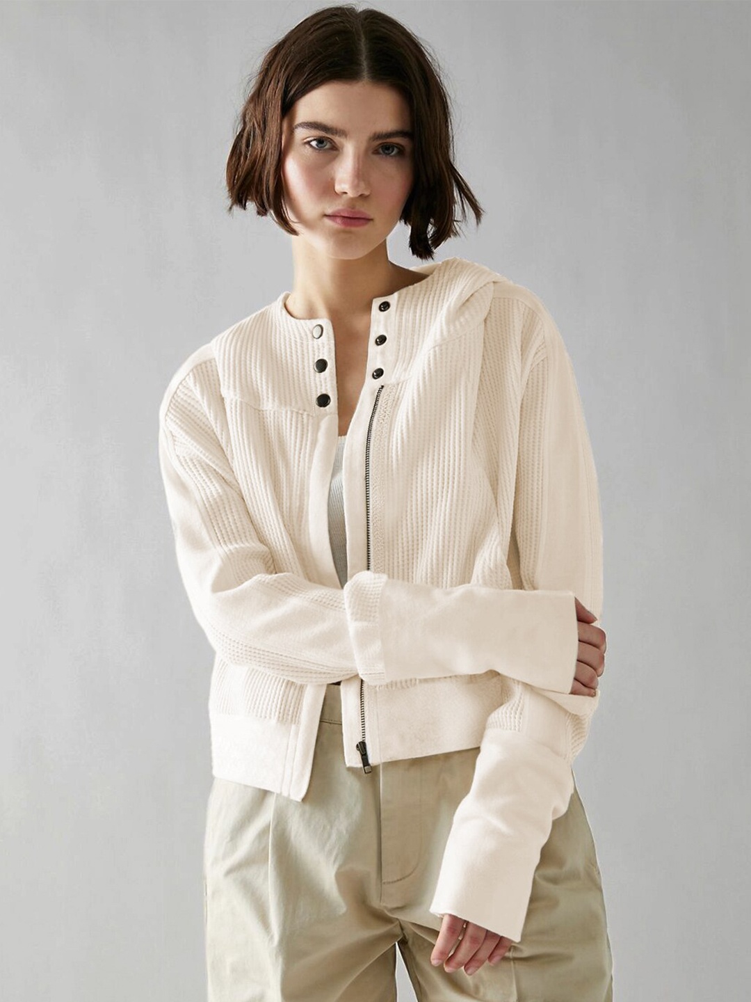 

StyleCast Off White Self Designed Hooded Sweatshirt