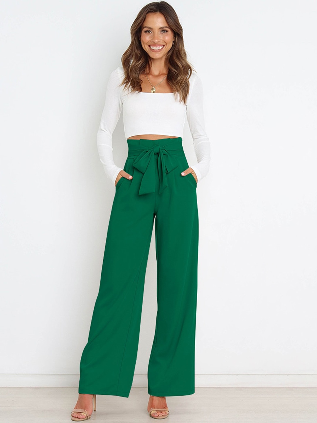 

StyleCast Women Green Loose Fit High-Rise Parallel Trousers