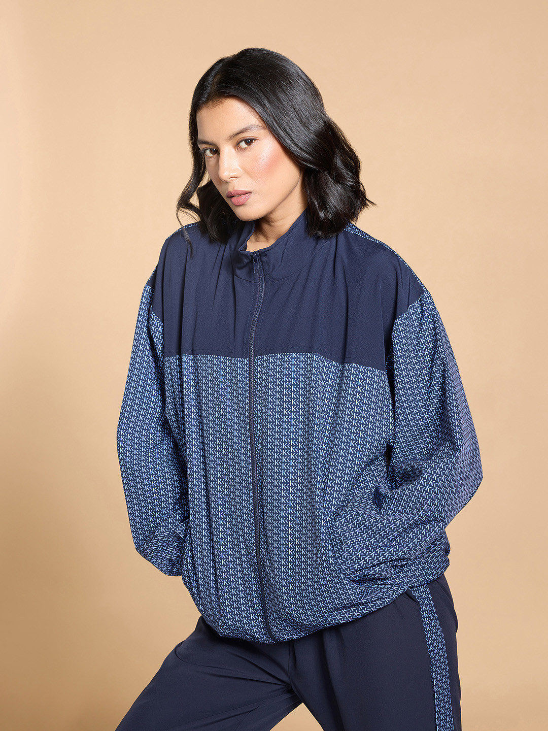 

KICA Typography Printed Mock Collar Dry Fit Lightweight Bomber Jacket, Navy blue