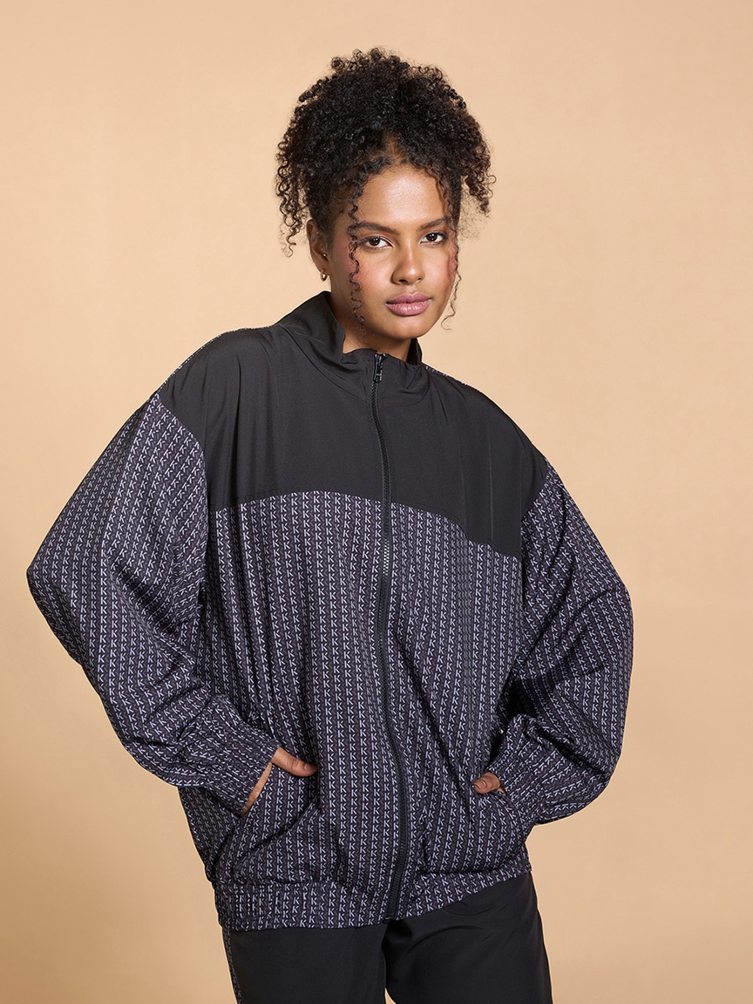 

KICA Typography Printed Mock Collar Dry Fit Lightweight Bomber Jacket, Black