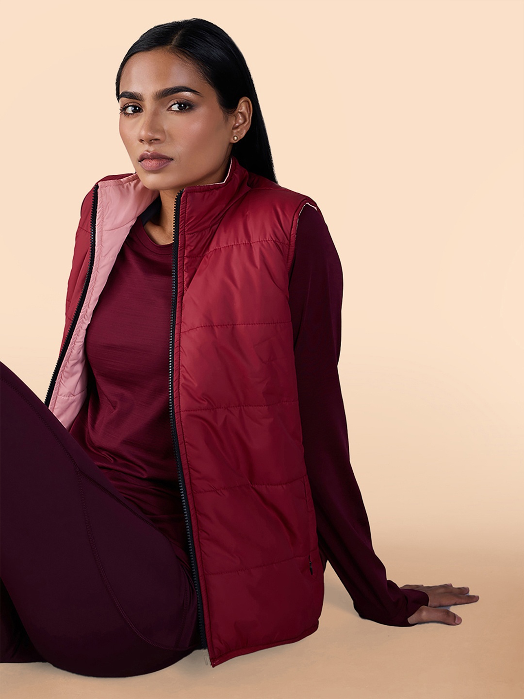 

KICA Stand Collar Reversible Outdoor Quilted Jacket With Zip Detail, Maroon