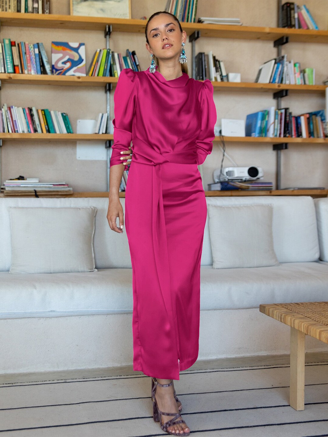 

StyleCast Pink Cowl Neck Puff Sleeves A-Line Midi Dress