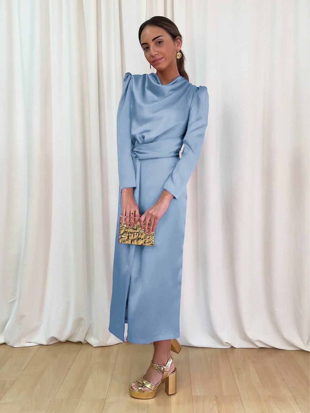 

StyleCast Blue Cowl Neck Puff Sleeves A-Line Midi Dress