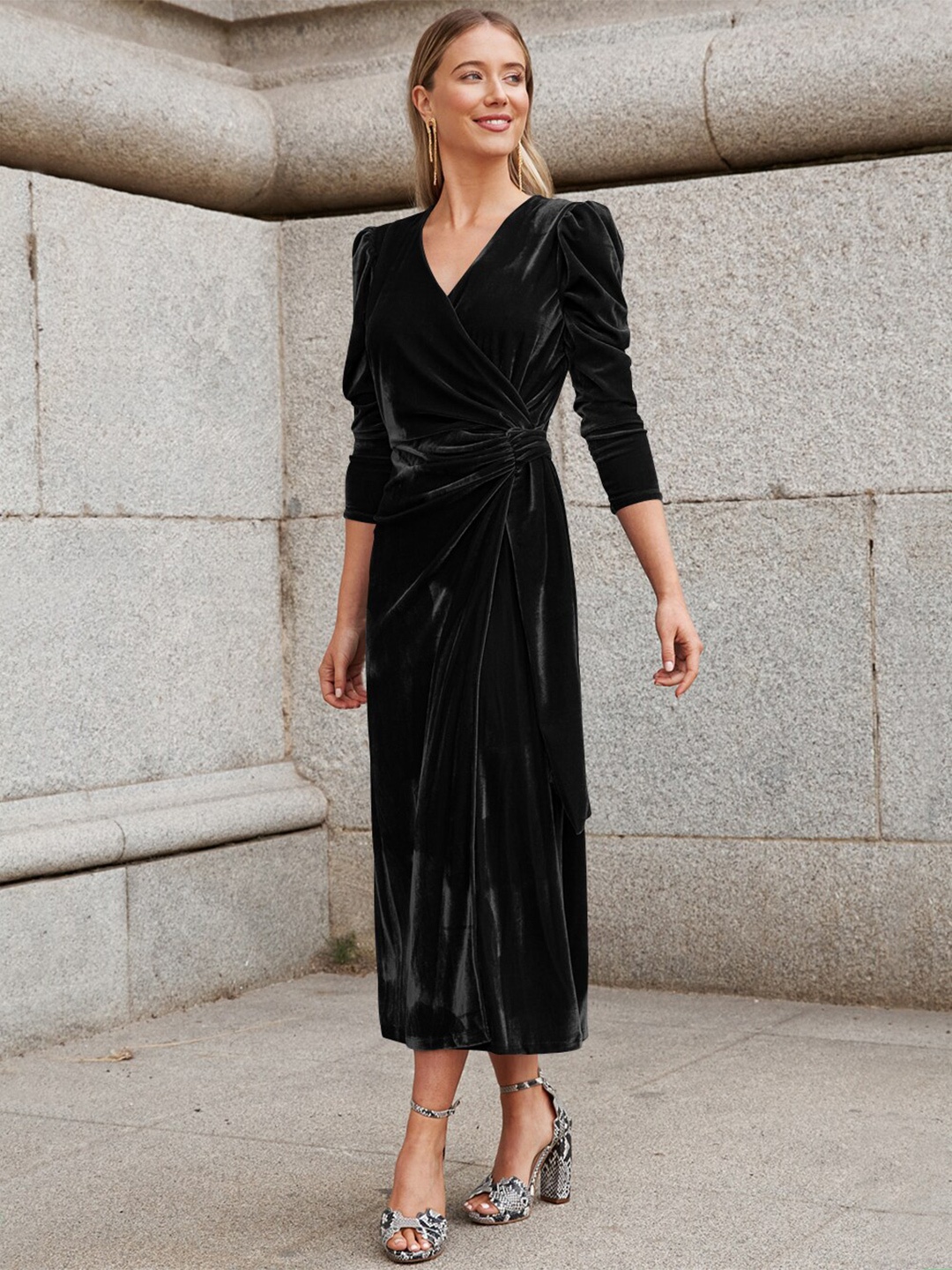 

StyleCast Black Puff Sleeves V-Neck Midi Wrap Dress
