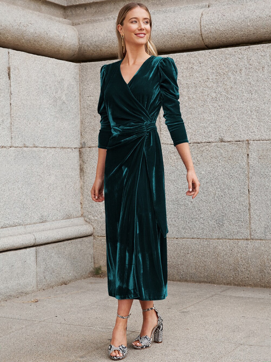 

StyleCast Green V-Neck Puff Sleeves A-Line Maxi Dress