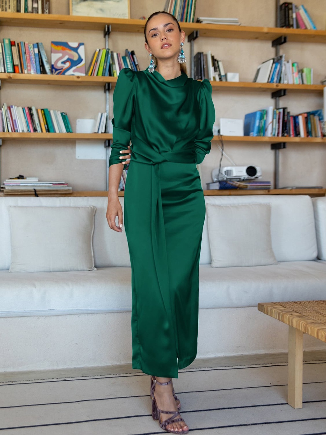 

StyleCast Green Cowl Neck Puff Sleeves Tie Up Maxi Dress