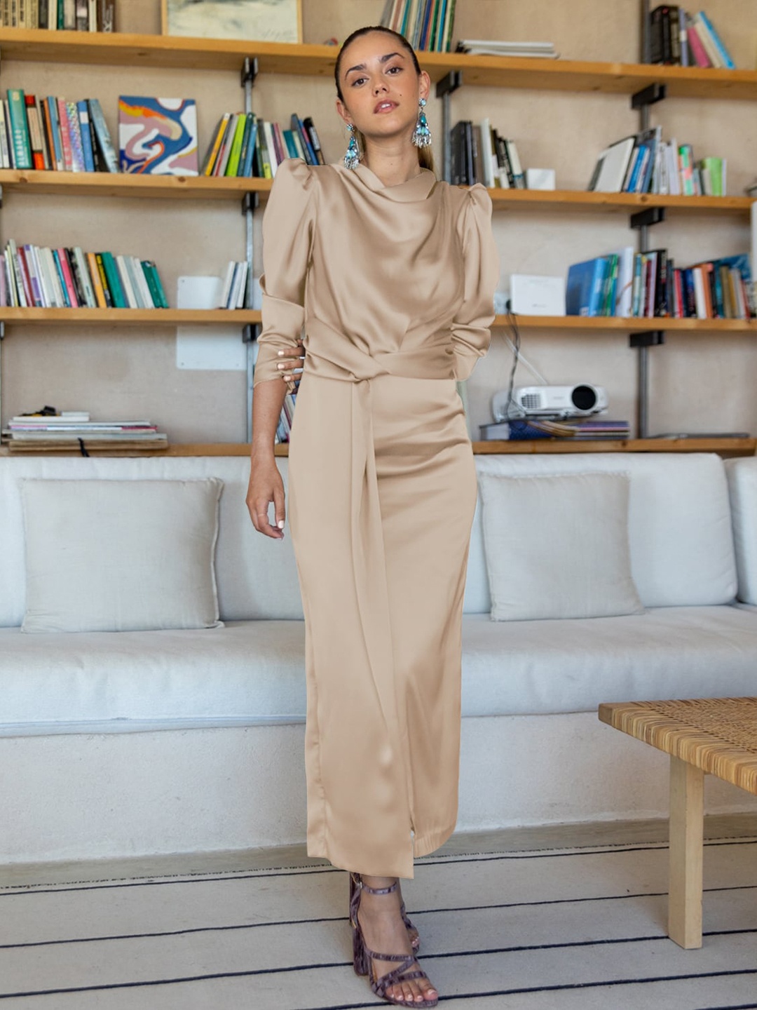 

StyleCast Beige Cowl Neck Puff Sleeves Sheath Dress